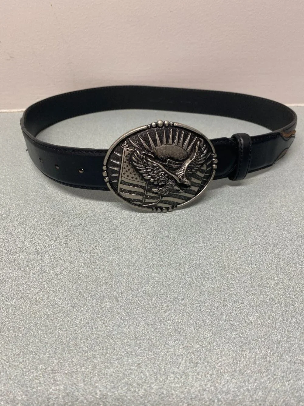 Cody James Men's Black Genuine Leather Western Belt w/ Eagle Flag Buckle Size 32